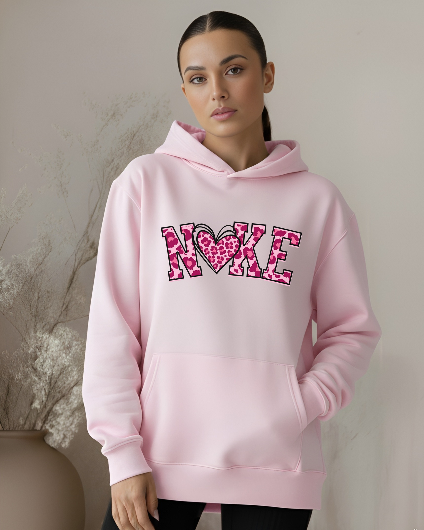 "NKE" Leopard - Pink on Baby Pink Hoodie