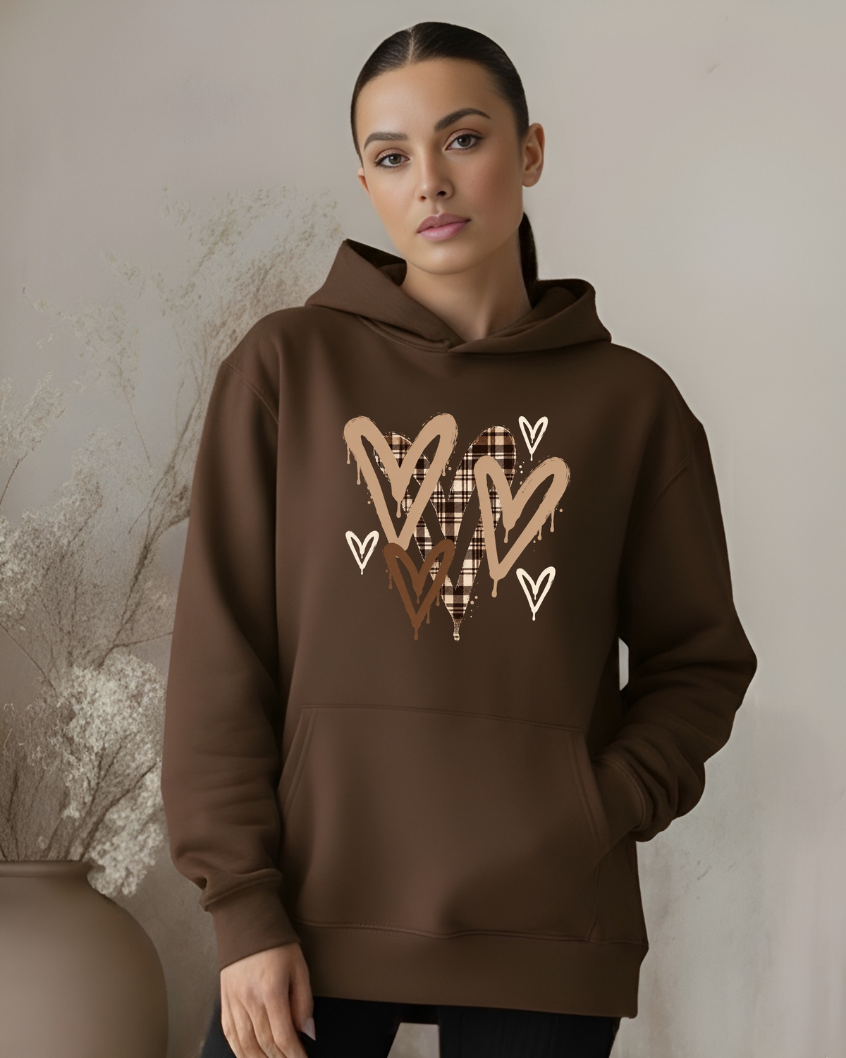 Tartan Graffiti Hearts - Brown Hoodie