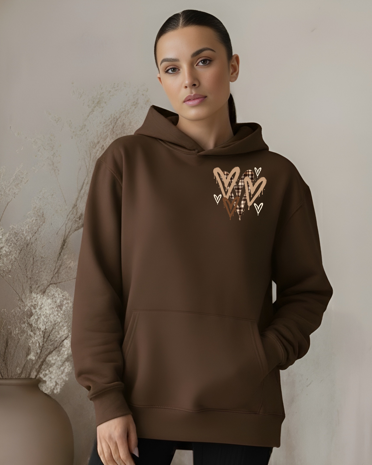 Small Tartan Graffiti Hearts - Brown Hoodie