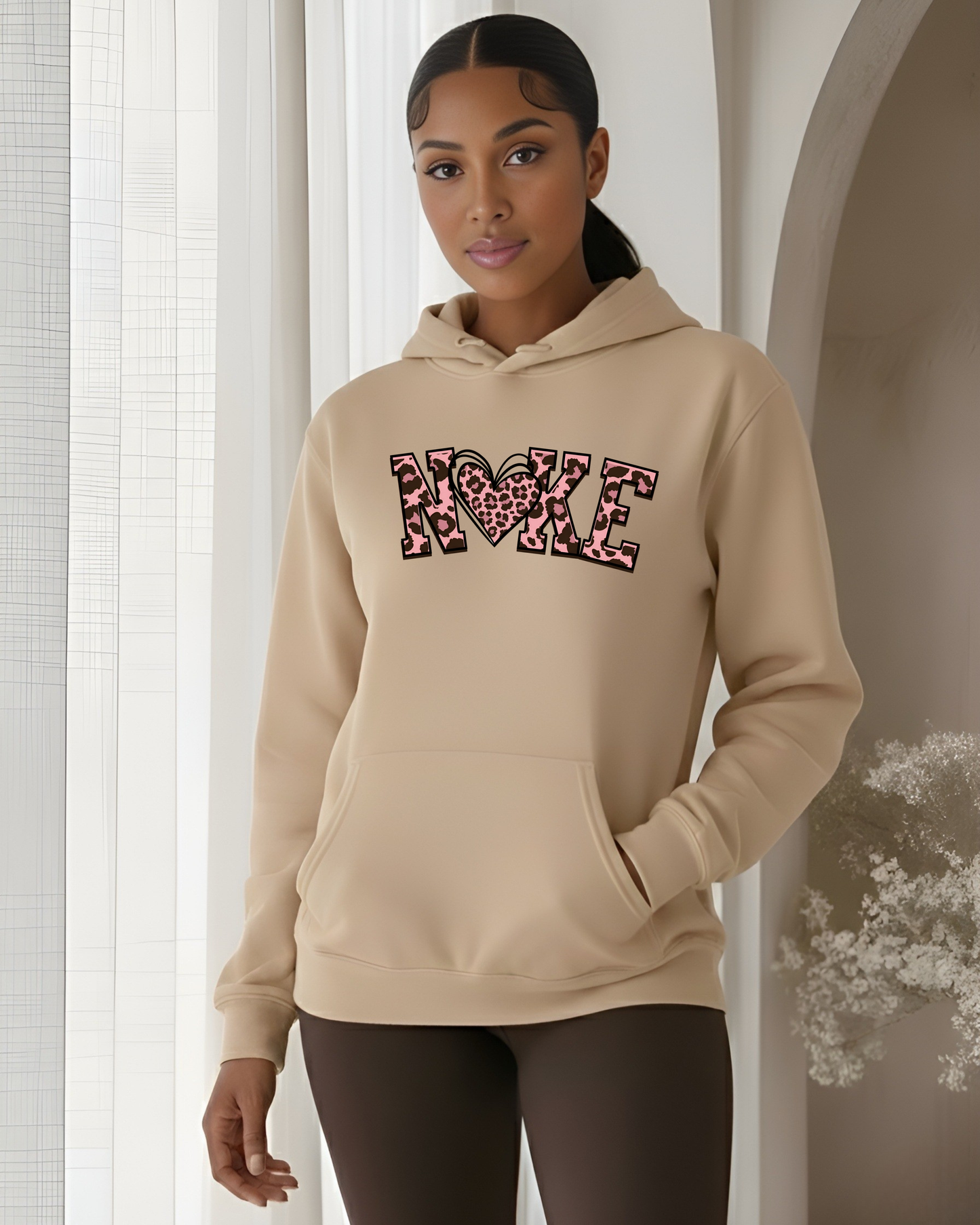 "NKE" Leopard - Baby Pink & Brown on Stone Hoodie