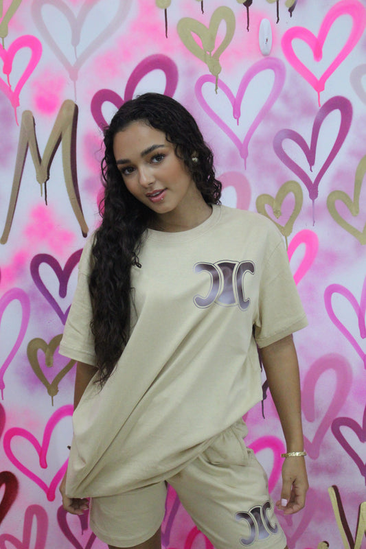 "CiCi" -Brown -  Beige Shorts Set