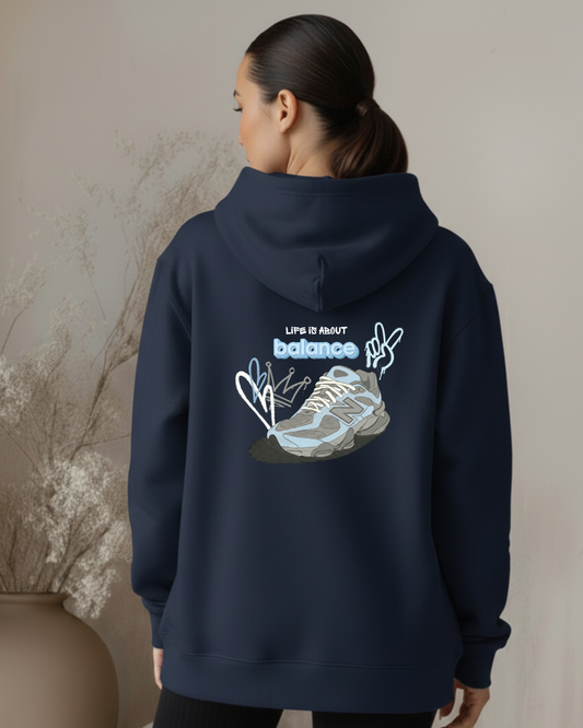 "Life is about Balance" Baby Blue on Navy Hoodie